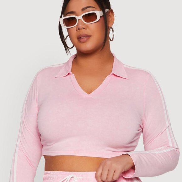 Ultra Comfy Plus Size 3X Loose Fit Sweatpants & Crop Top SET Pink White Stripe - Picture 7 of 8